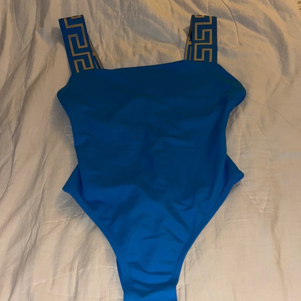 Versace Blue One-Piece Swimsuit with Patterned Straps size Small